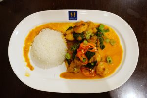 King Prawn Malabar Curry, Pollock, spinach, basmati rice