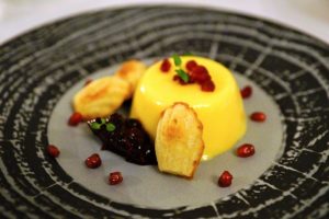 Passion Fruit Bavarois with Orange madeleines, pomegranate seeds