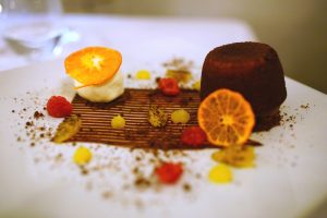 Chocolate and cointreau fondant, and rhubarb and elderflower cheesecake