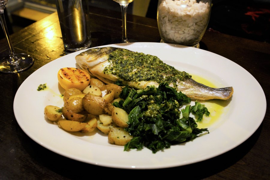 Whole Roasted Gilt-Head Bream with Salsa Verde, Curly Kale